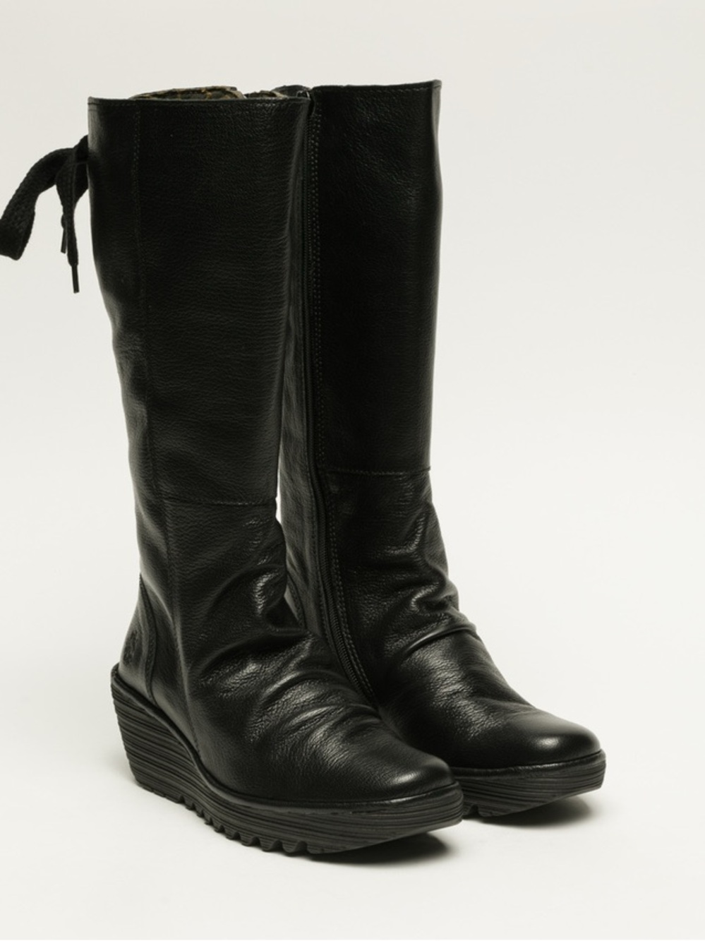 Fly London Yust Women’s Black Leather Wedge Mid-Calf Boots